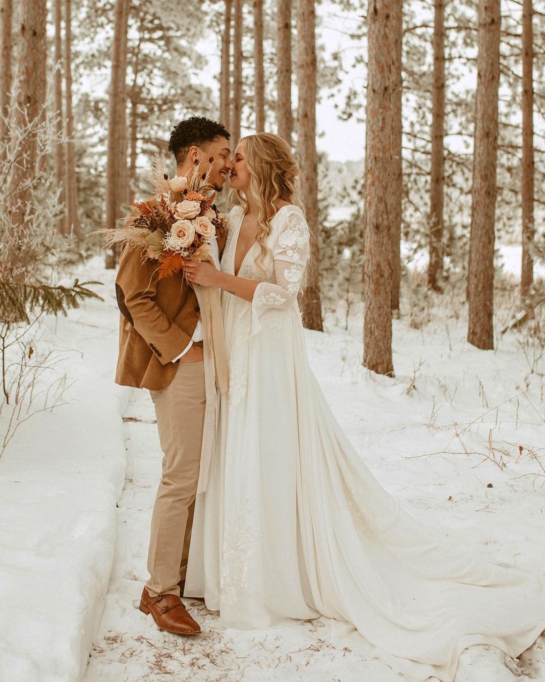 Winter Wedding Dresses and Outfits: boho winter bridal dresses with sleeves floraandlane