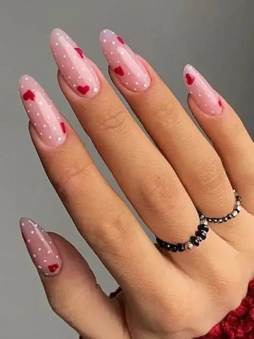 Sweet Little Red Heart with Pink Base Nail Designs to Try