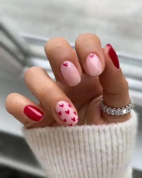 Sweet Little Red Heart with Pink Base Nail Designs to Try