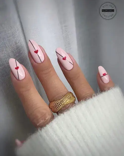 Sweet Little Red Heart with Pink Base Nail Designs to Try