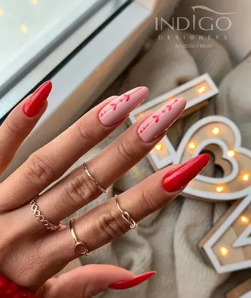 Sweet Little Red Heart with Pink Base Nail Designs to Try