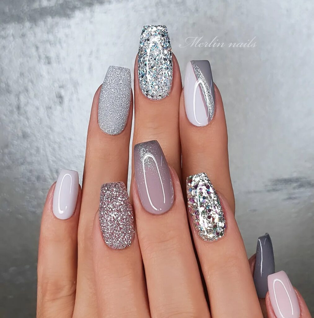 Grey Ombre Christmas Nails with Glitter Glam