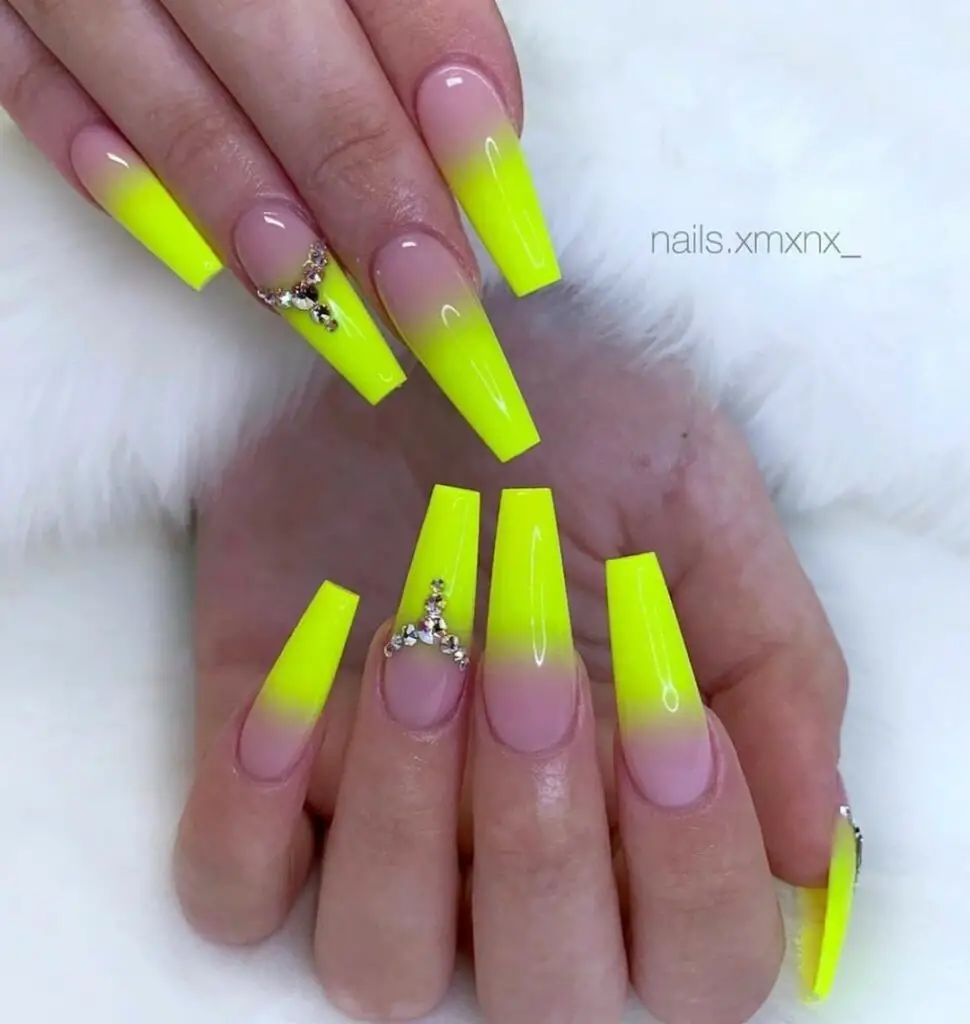 Glamorous Neon Yellow Ombre Coffin Nails With Rhinestones