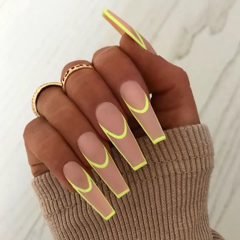 Neon Yellow French Design On Nude Coffin Nails