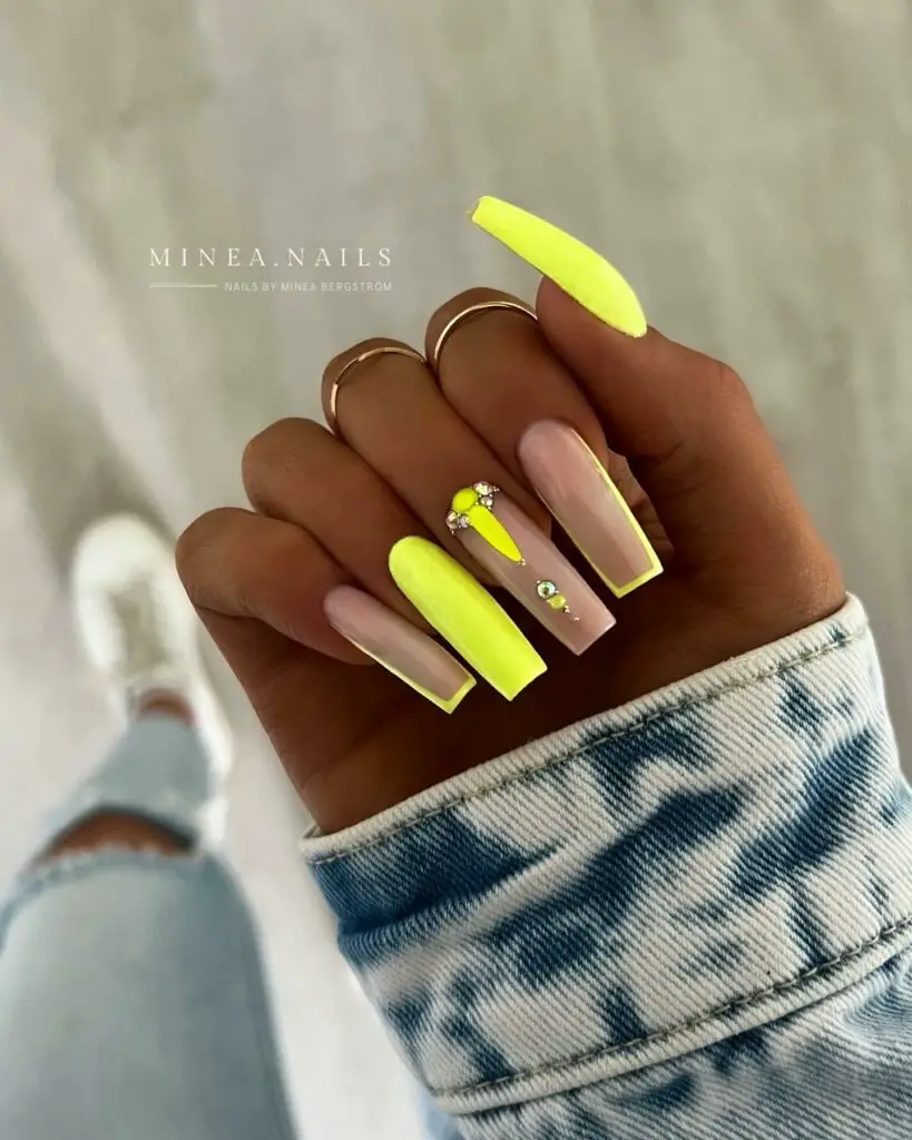 Coffin Yellow Nails Adorned With Sparkling Gems