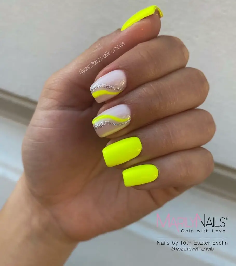 Square Neon Yellow Nails Featuring a Dazzling Glitter Swirl Design