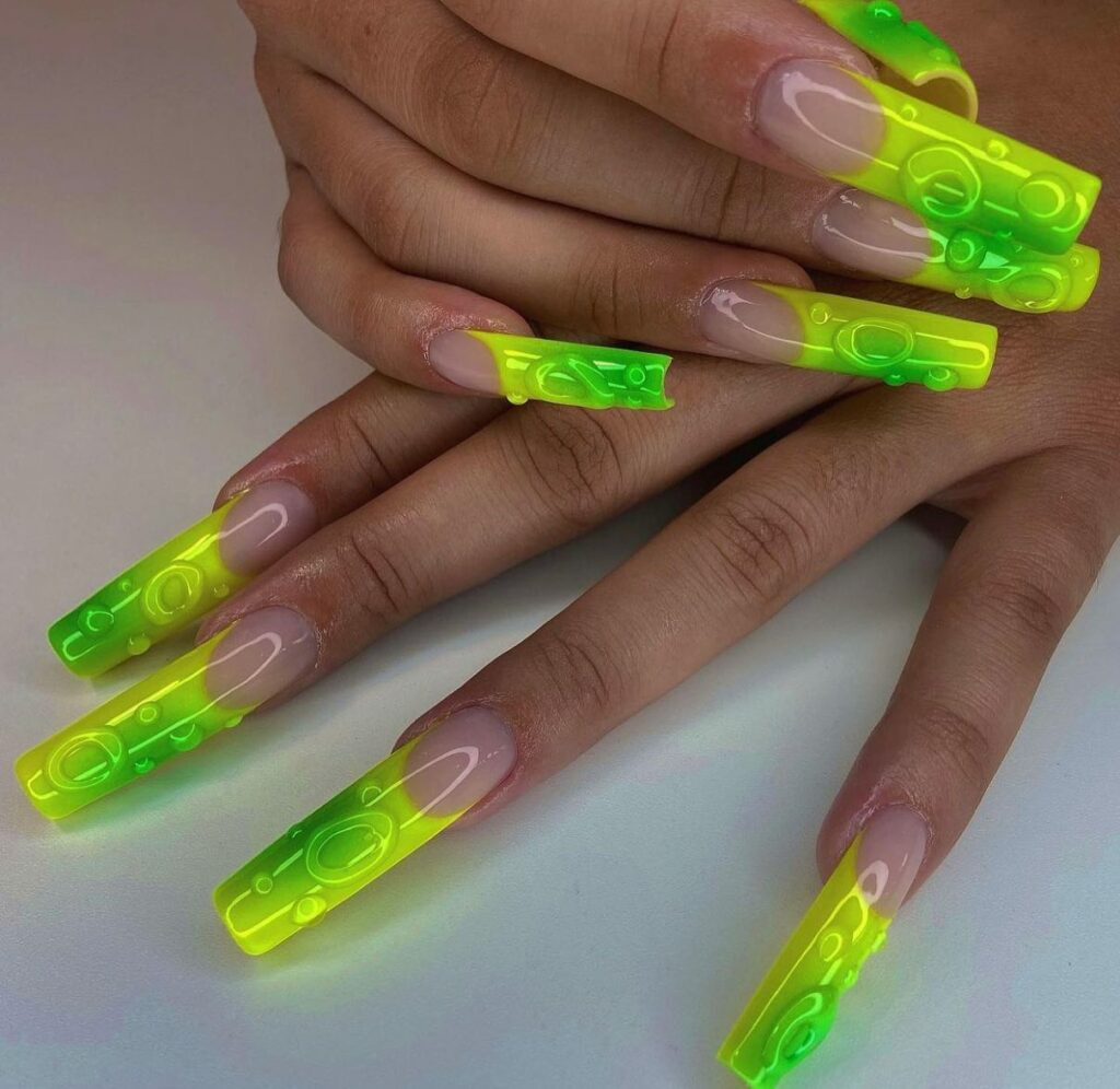 Vibrant Neon Green and Yellow Nails With 3D Elements