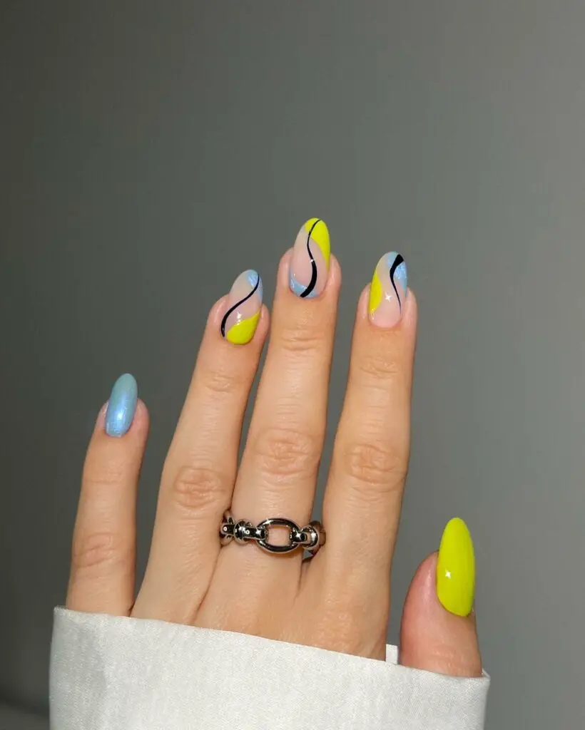 Abstract Neon Yellow and Blue Nails With Swirl Design