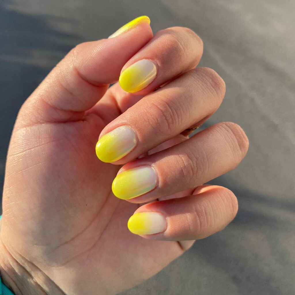 Small Round Neon Yellow Ombre Nails - Cute and Playful