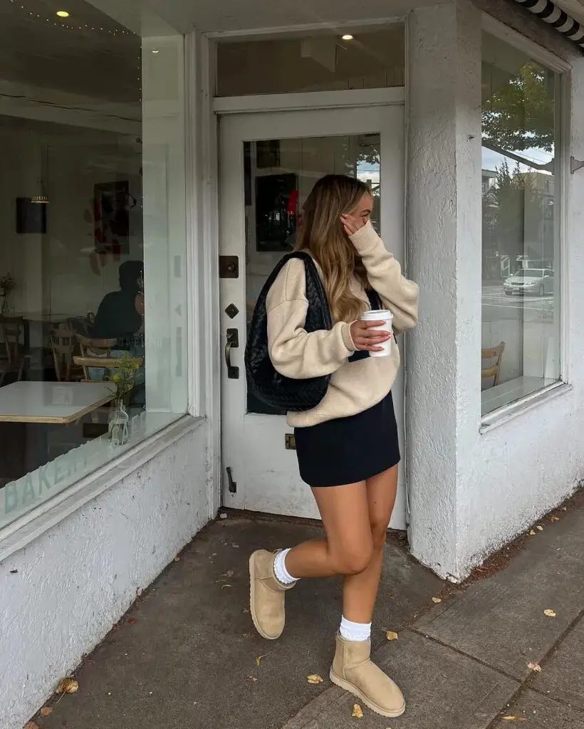 Neutral Sophistication: Beige Sweater with Black Mini Skirt Ensemble