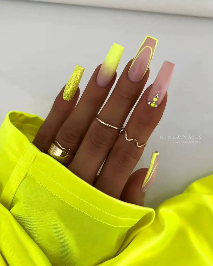 Gorgeous Neon Yellow Ombre Nails With Rhinestone Accents