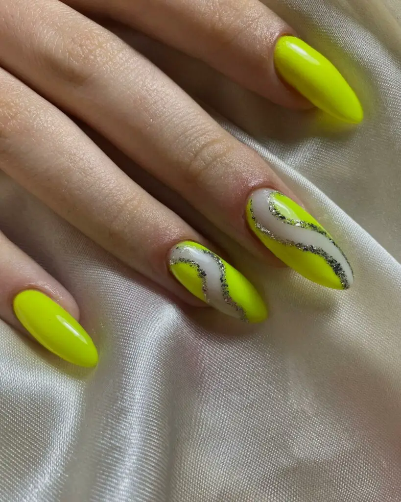 Abstract Neon Yellow Nails Enhanced With Silver Glitter