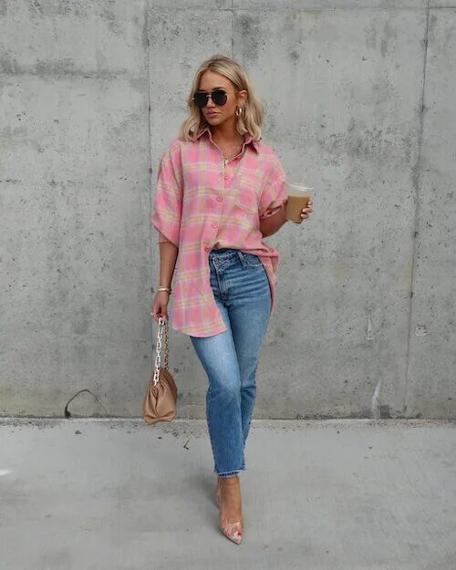 Pink Button-up, Blue Jeans, High Heels: Playful and Chic