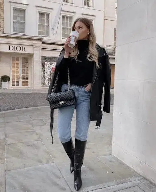 Leather Biker Jacket, Classic Blue Jeans, Boots: Edgy Style