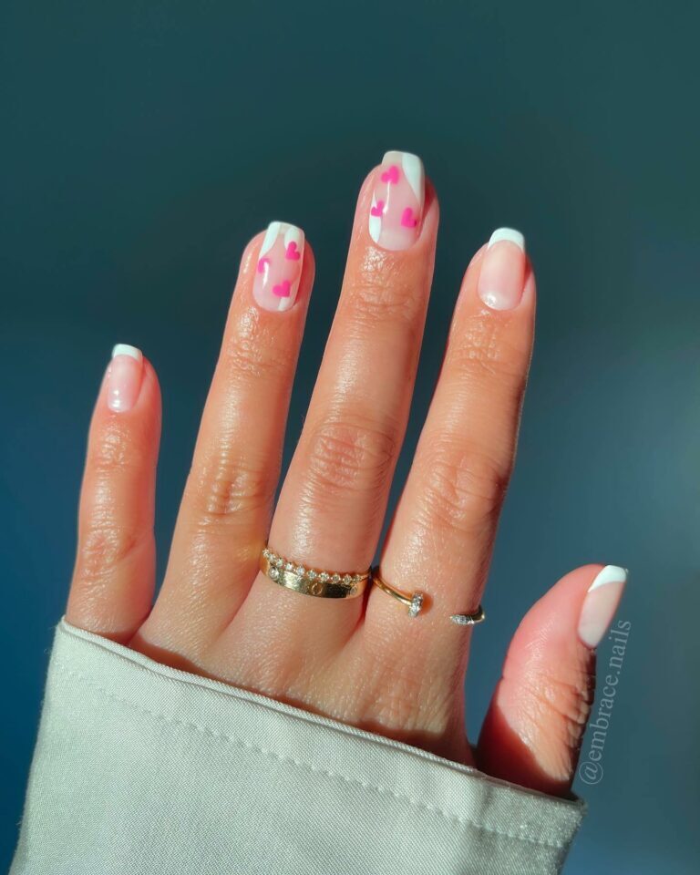 Short Valentine’s Nail Designs 2024 / Adorable Square Short Valentine’s Nails: Featuring Tiny Pink Heart Accents