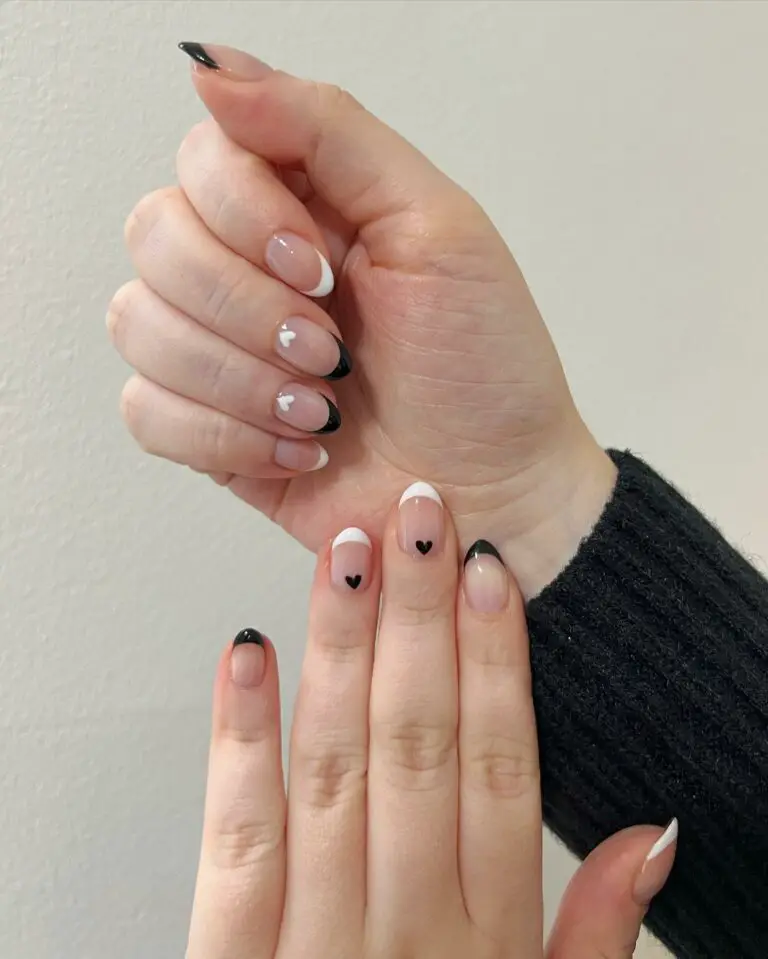 Short Valentine’s Nail Designs 2024 / Classic Elegance: Black and White French Tips with Heart Detailing