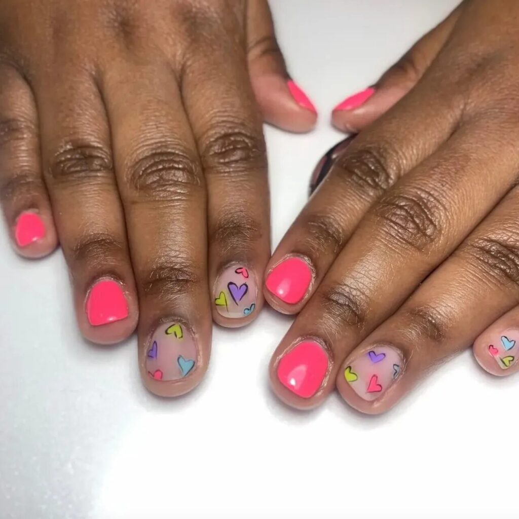 Short Valentine’s Nail Designs 2024 / Neon Pink and Hand-Drawn Hearts Nails: Trendy and Artistic