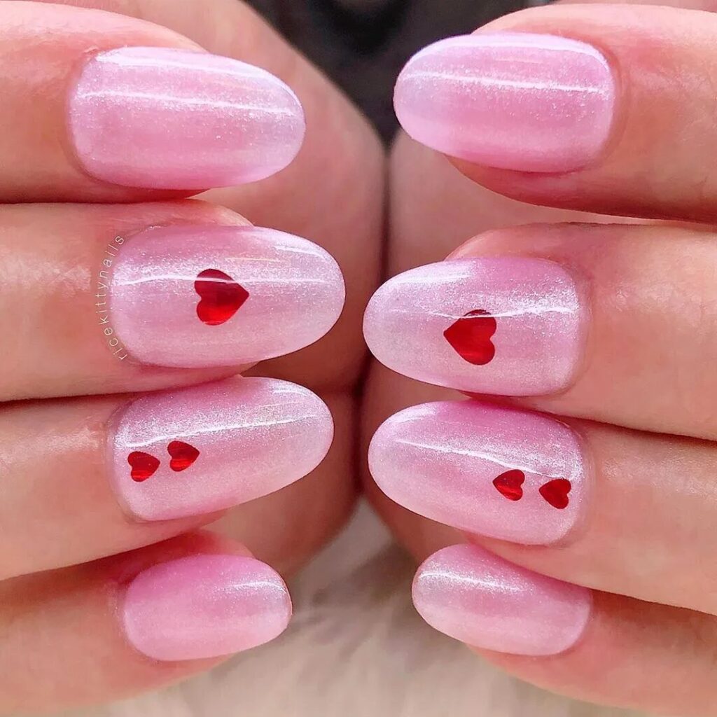 Short Valentine’s Nail Designs 2024 / Shimmer and Stickers: Glamorous Nail Art for Valentine’s Day