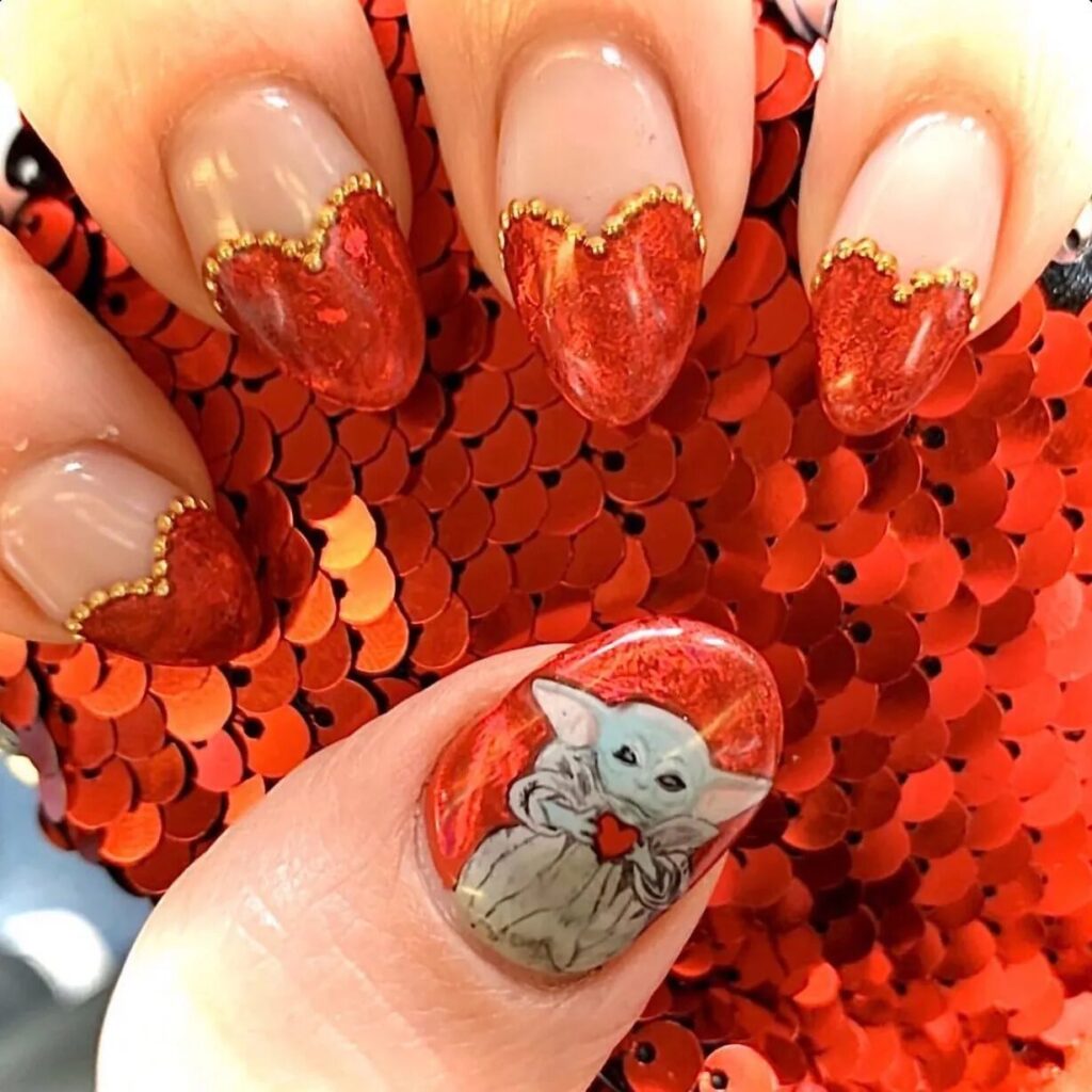 Short Valentine’s Nail Designs 2024 / A Little Love for Baby Yoda Nails: Cute and Quirky Designs