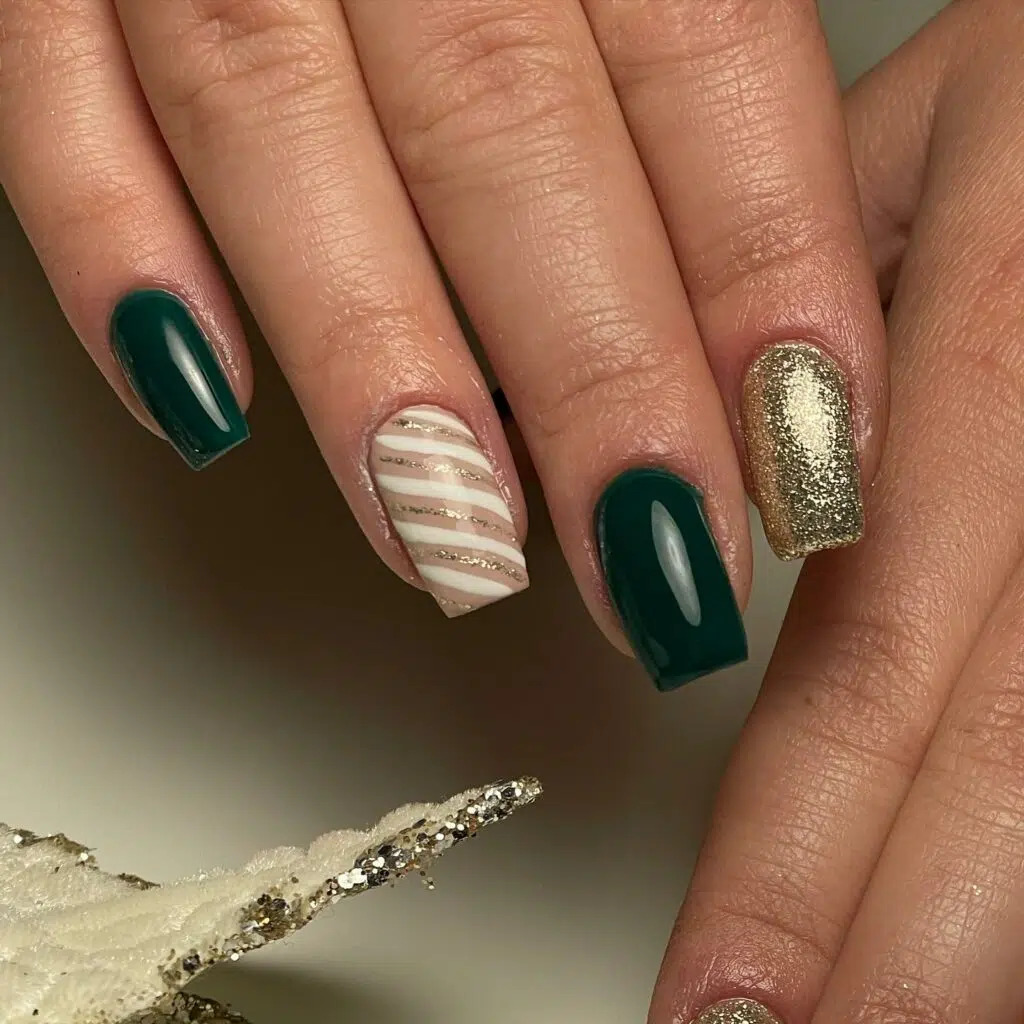 Emerald-Gold Elegance: Christmas Coffin Nails 2023