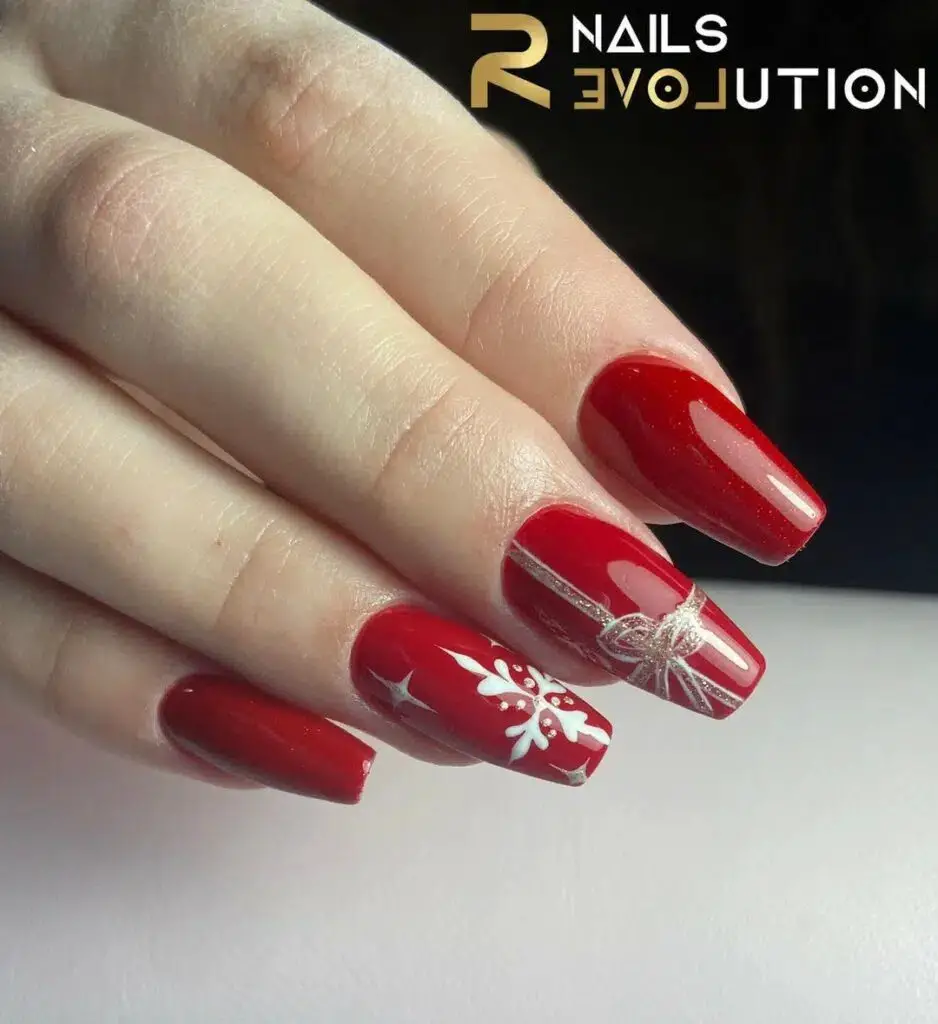 Classic Red Elegance: Coffin Christmas Nails 2023