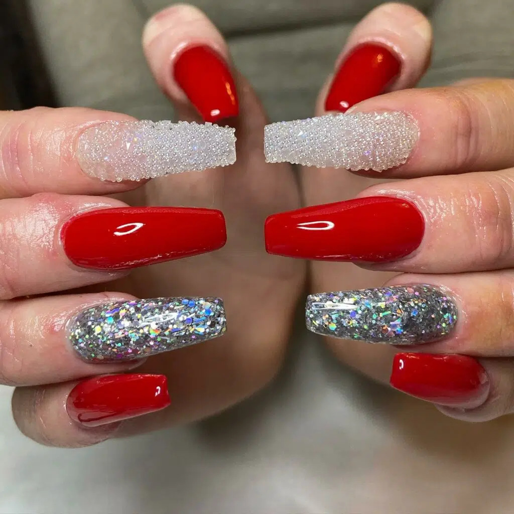 Frozen Red Elegance: Christmas Coffin Nail Trends