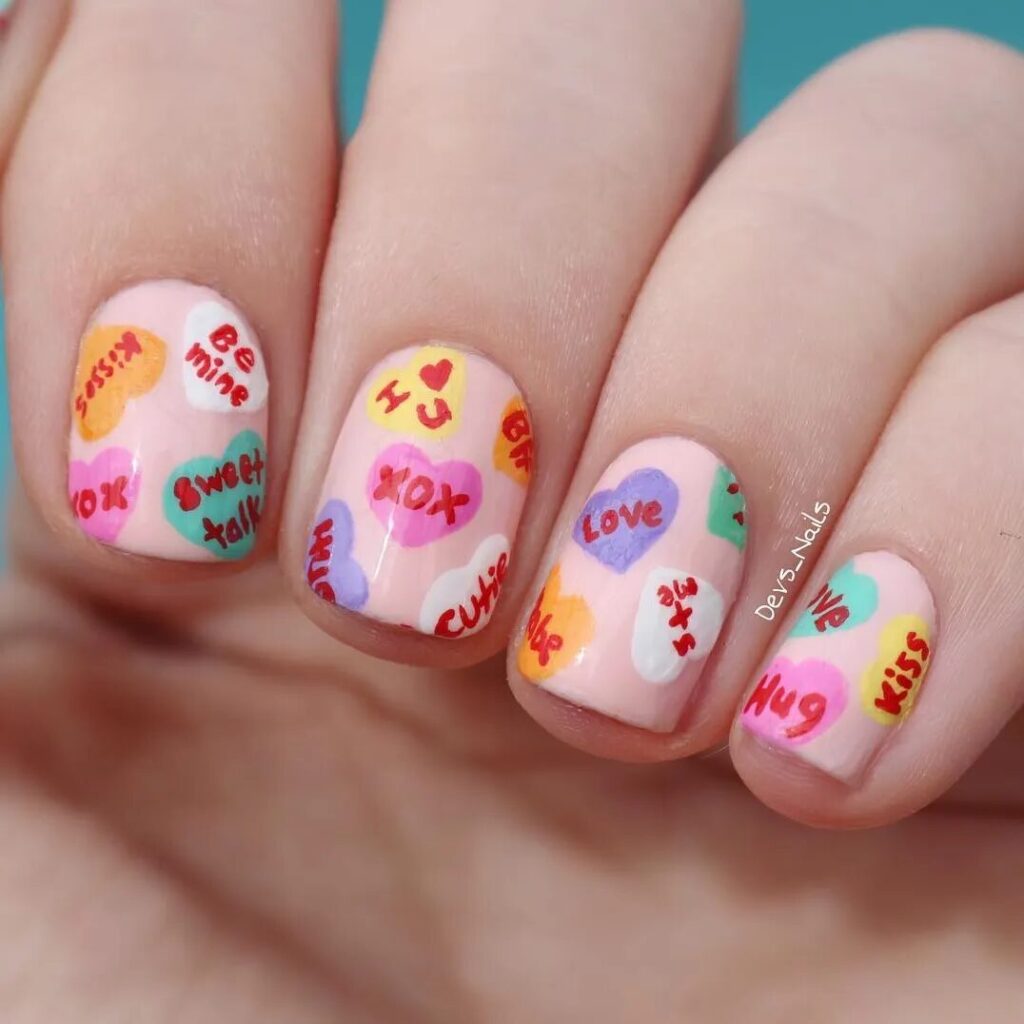 Short Valentine’s Nail Designs 2024 / Candy Hearts Nail Art: Sweet and Playful Valentine’s Styles