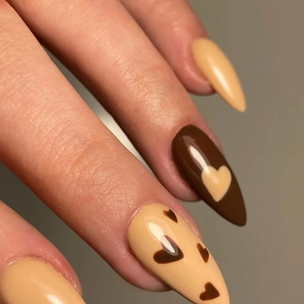 Short Valentine’s Nail Designs 2024 / Espresso Hearts Nails: Cozy and Romantic Valentine’s Look