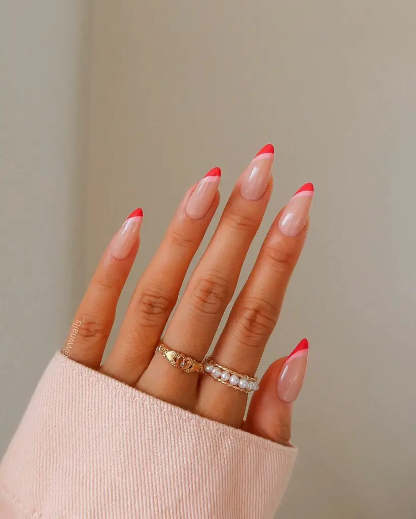 Valentine's Day Nail Ideas 2024: Modern Flair in French Red and Pink Nails: Trendy and Chic