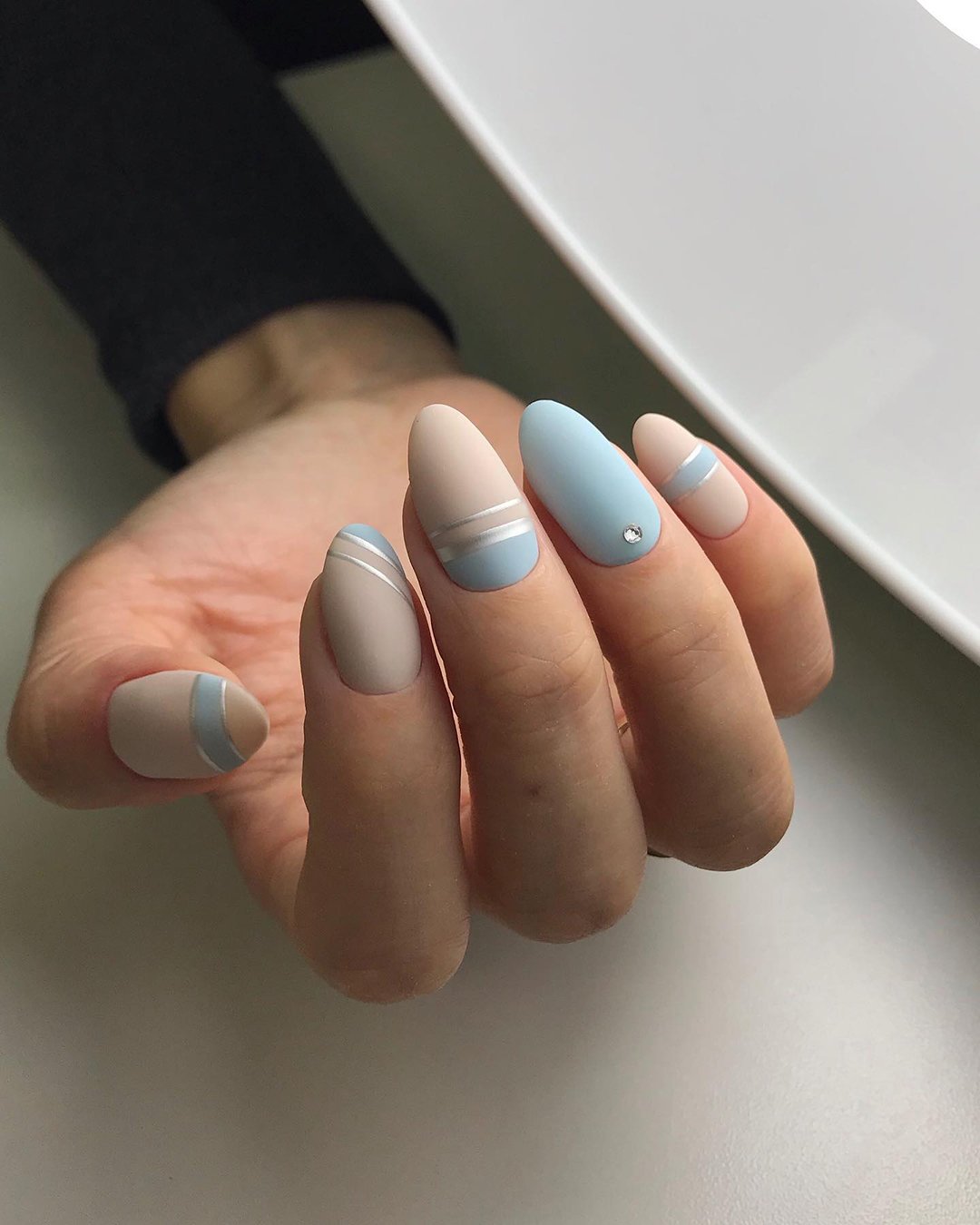 Wedding Nail Ideas 2024 / nail ideas for wedding matte nude and blue with stripes annet_leto