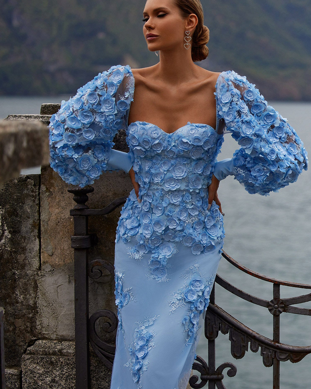 wedding guest outfit blue with floral appliques alamourthelabel