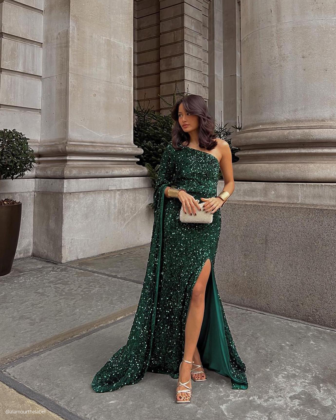 wedding guest outfit green sequins long alamourthelabel