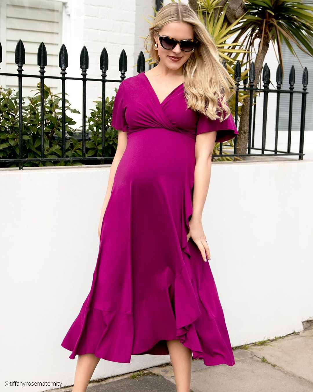 wedding guest outfit purple simple tea length tiffanyrosematernity