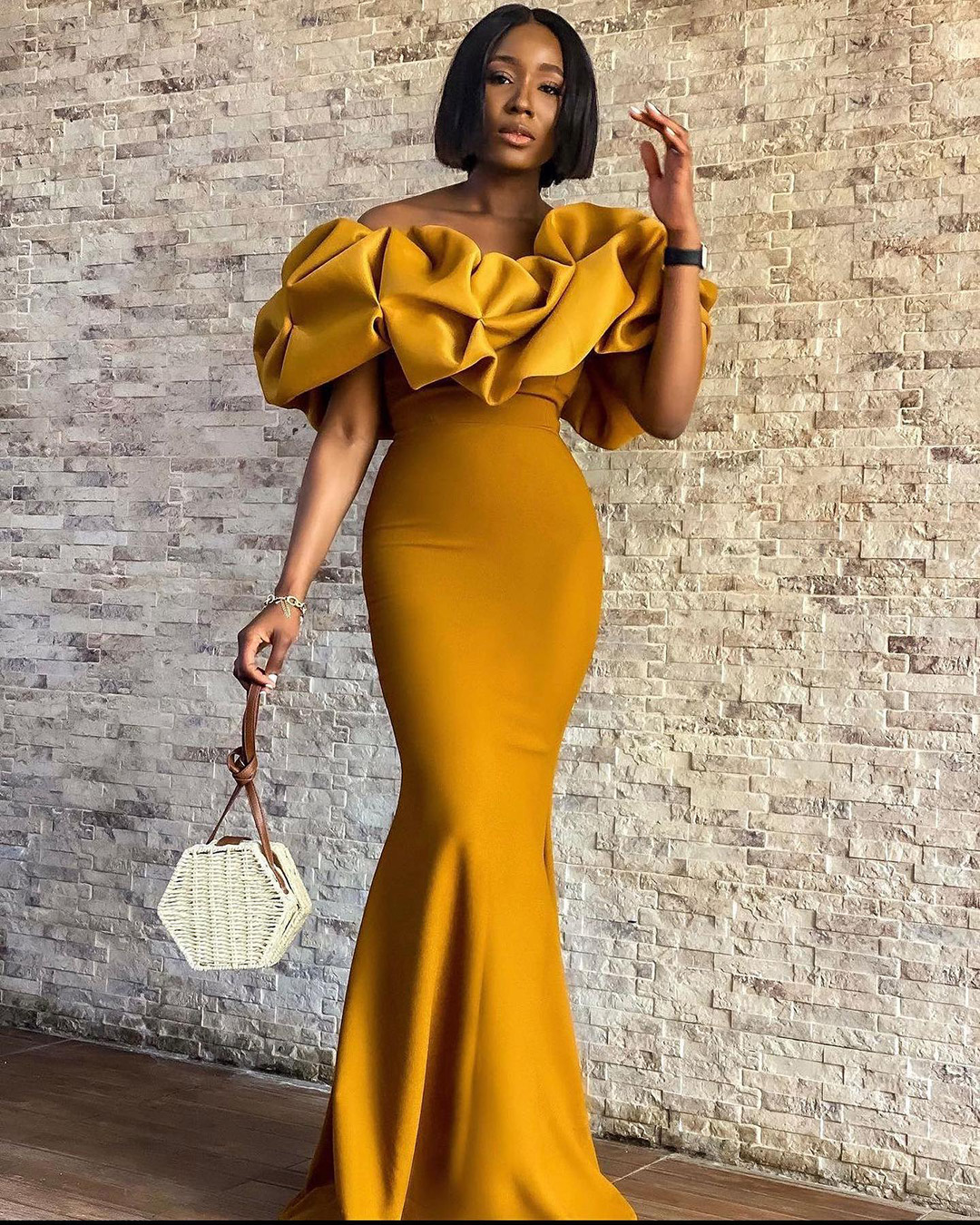 wedding guest outfit simple long off the shoulder mustard anitabel