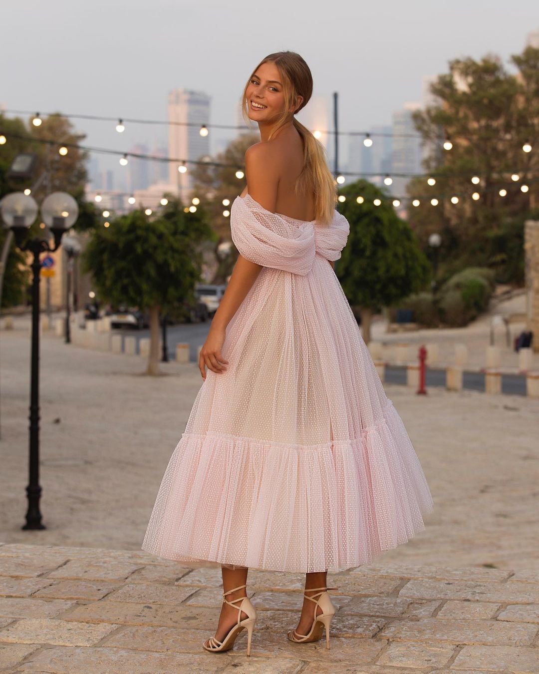 wedding guest outfit tea length off the shoulder simple beach berta