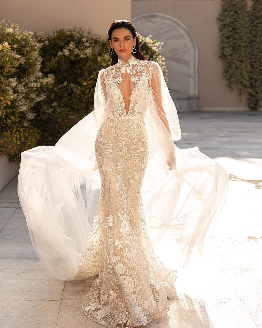 convertible wedding dress mermaif lace sexy with cape pollardi