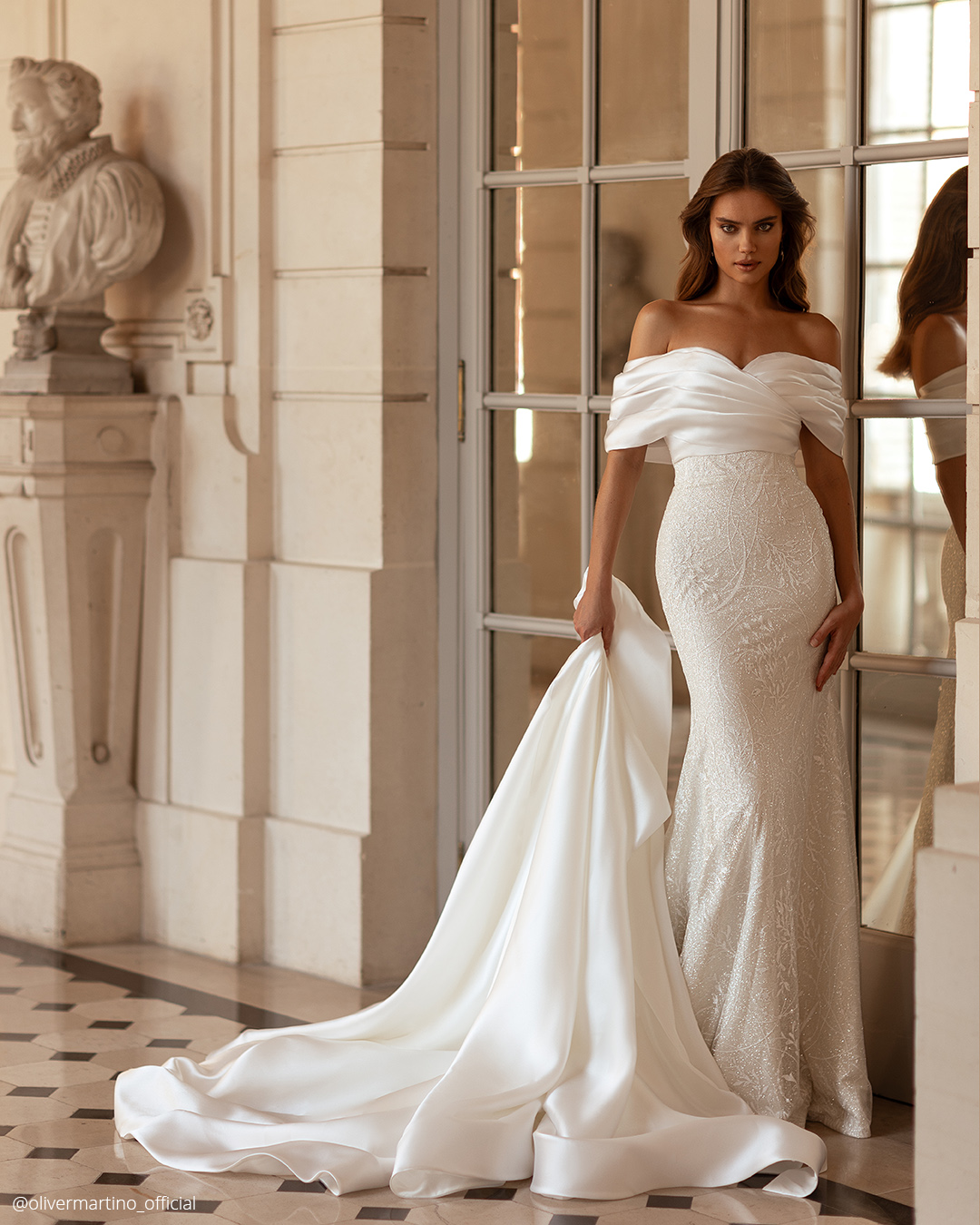 convertible wedding dress off the shoulder sheath with cape oliver martino