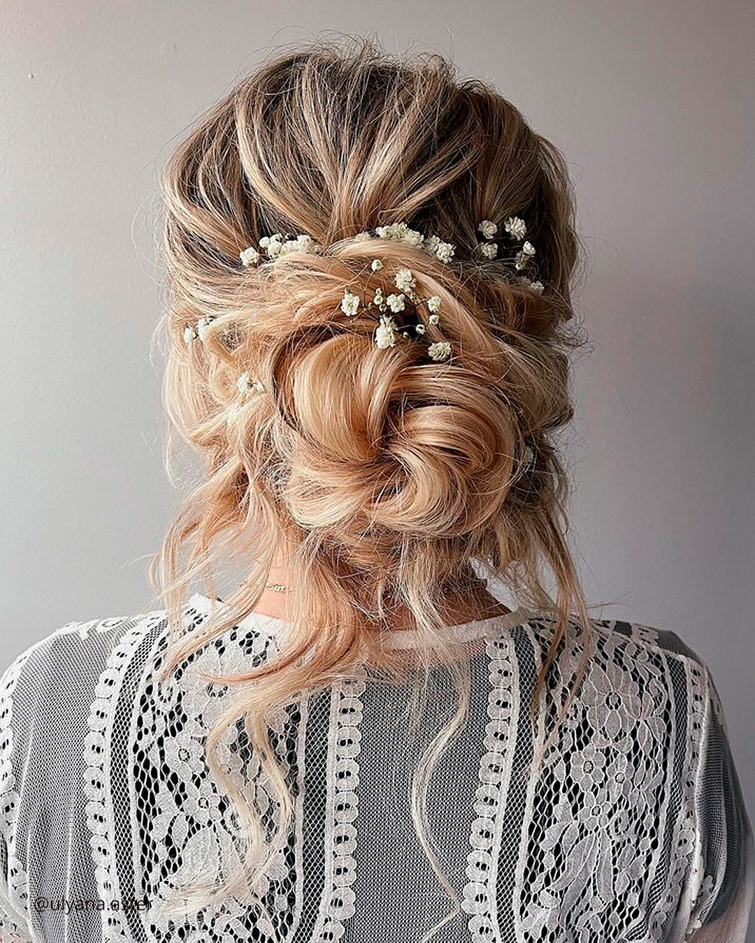 Textured Updo With Floral Accents - Natural Wedding Hairstyles