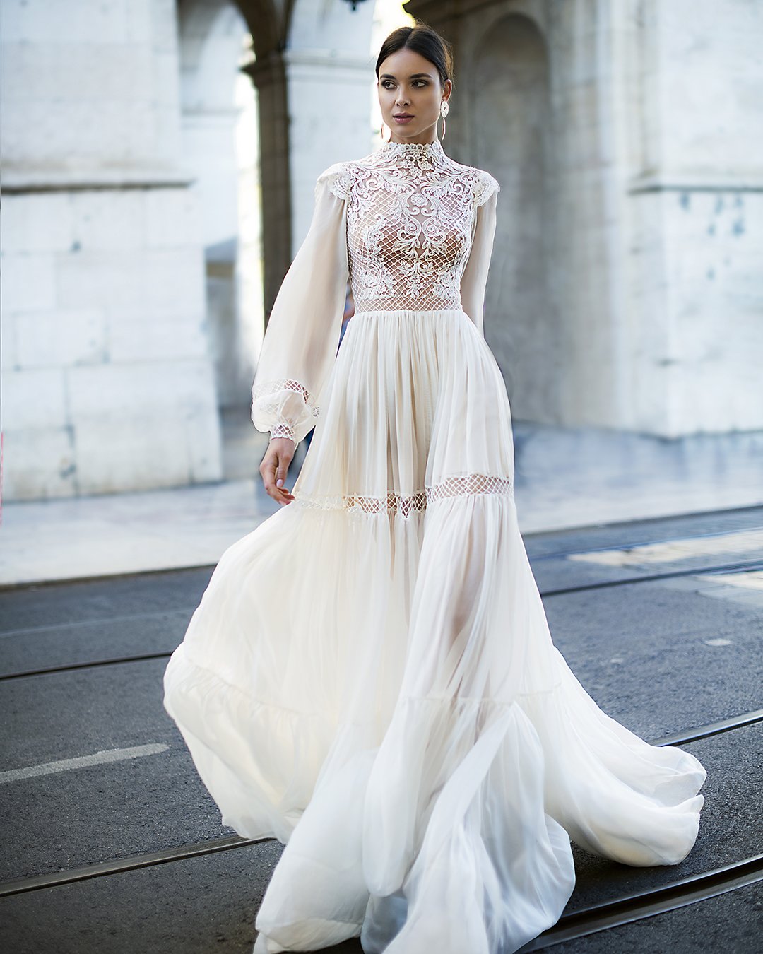 fashion wedding dresses a line lace top with long sleeves ruffled skirt boho oksana mukha