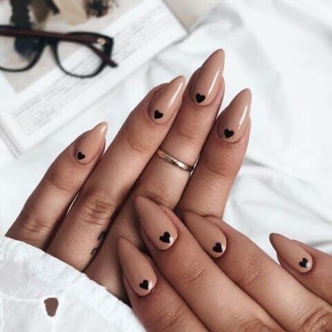 February Nail Ideas - Romantic Nude Polish with Black Hearts