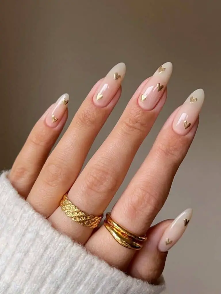 Nude Nails with a Touch of Gold Accents - Valentine’s Day Nails