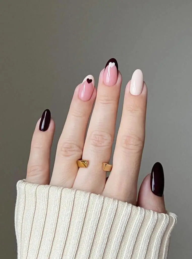 Valentine’s Day Nails | Black and Cream Nails with Hearts - Edgy Valentine’s Style