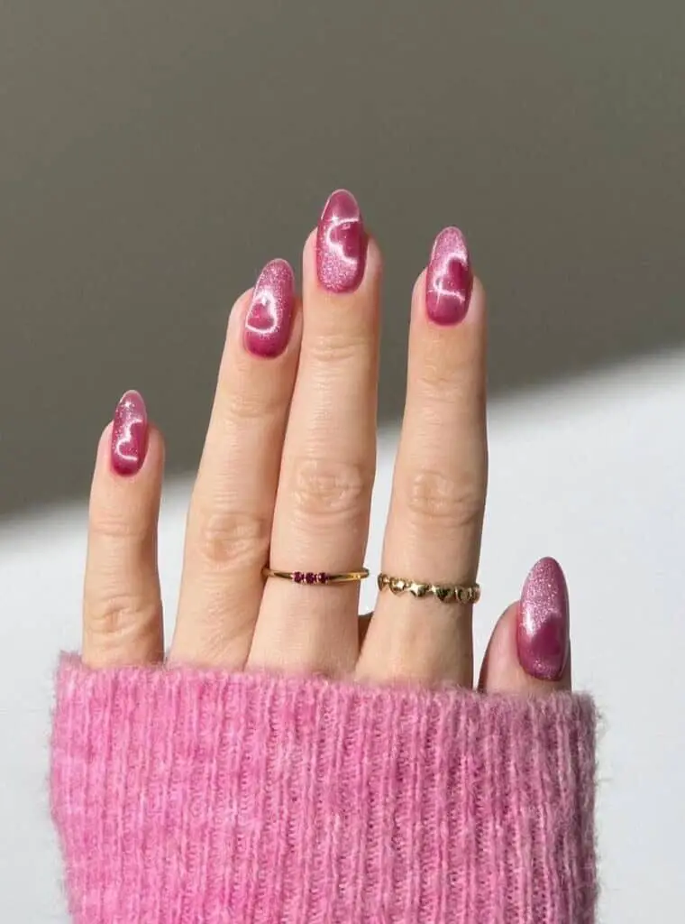 Valentine’s Day Nails | Velvet Pink Nails with Heart Outlines - Luxurious Valentine’s Look