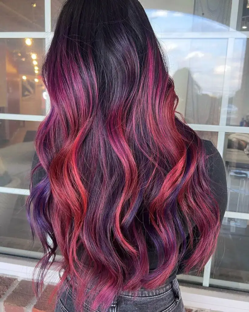 Pink Radiance: Purple to Pink Balayage on Brown Long Hair