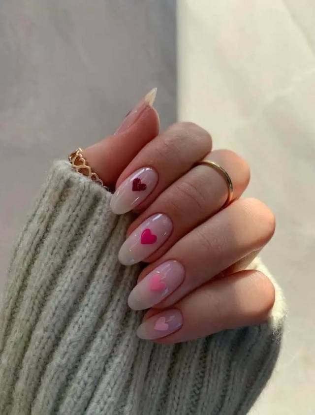 Chic Nude Nails with Gradient Hearts - Valentine’s Day Nails