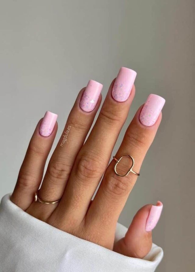 Valentine’s Day Nails | Sparkle in Style: Light Pink Polish with Glitter Ombre Nails