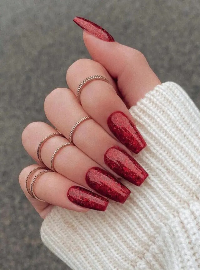Valentine’s Day Nails | Dazzling Red Coffin Nails with a Touch of Glitter