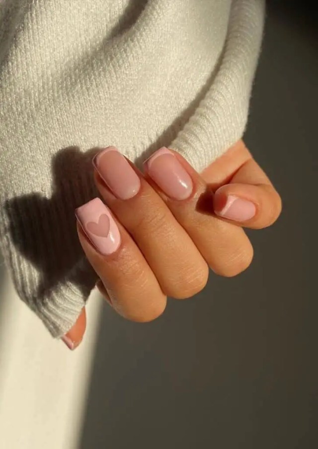 Valentine’s Day Nails | Pastel Pink Tips and Negative Space Hearts Nail Art