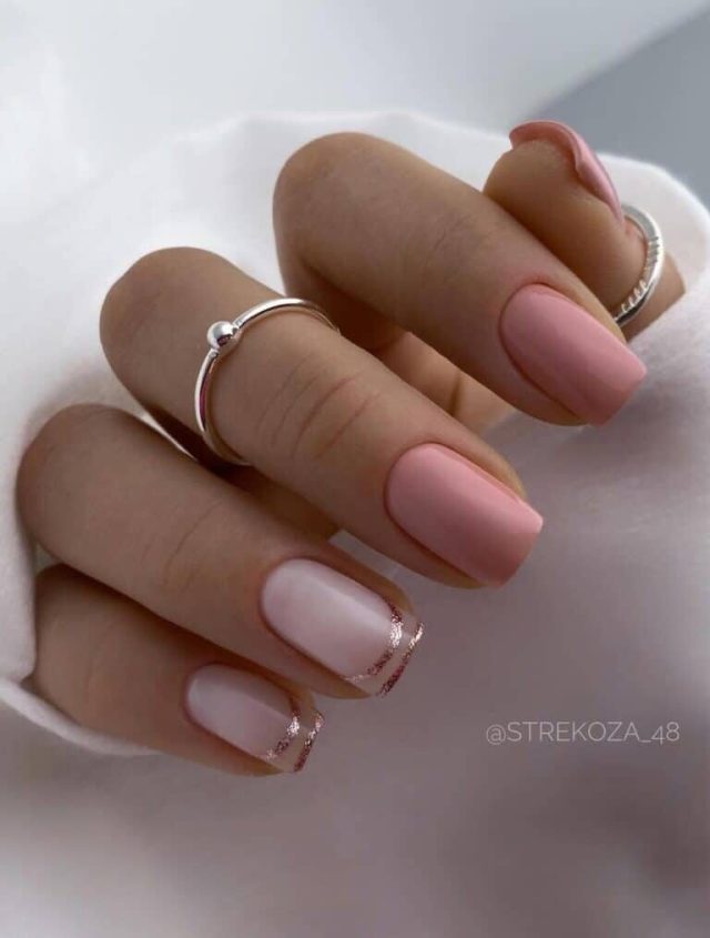 Valentine’s Day Nails | Dusty Pink Polish with Rose Gold Tip Outlines - Romantic Touch