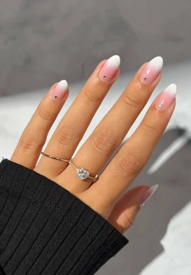 Valentine’s Day Nails | White and Pink Ombre Nails with Gem Accents
